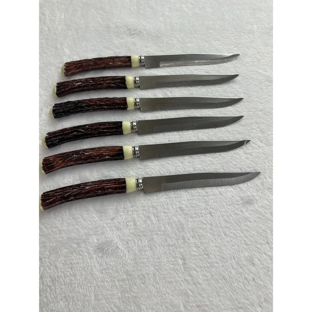 Vintage Set of 6 Faux Stag Handle Steak Knives Rustic Cabin Style Stainless